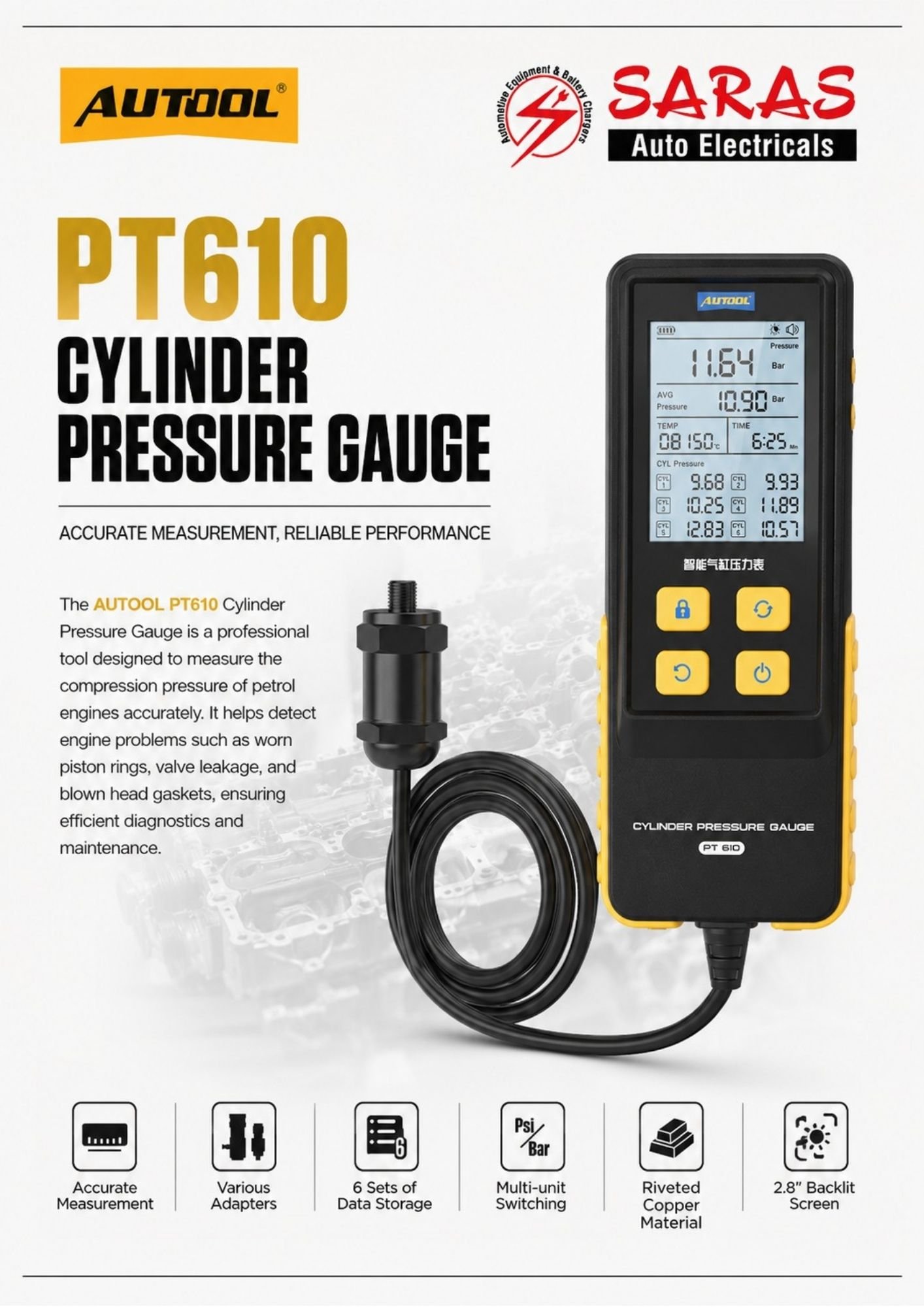 AUTOOL PT610 Cylinder Pressure Gauge