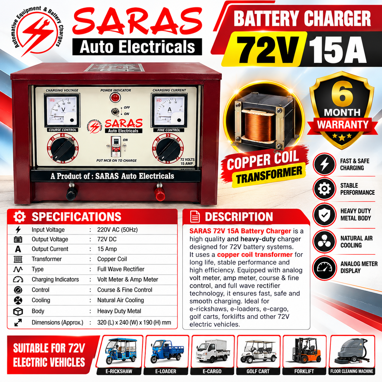 72V 15A Battery Charger – Heavy Duty Copper Coil Transformer