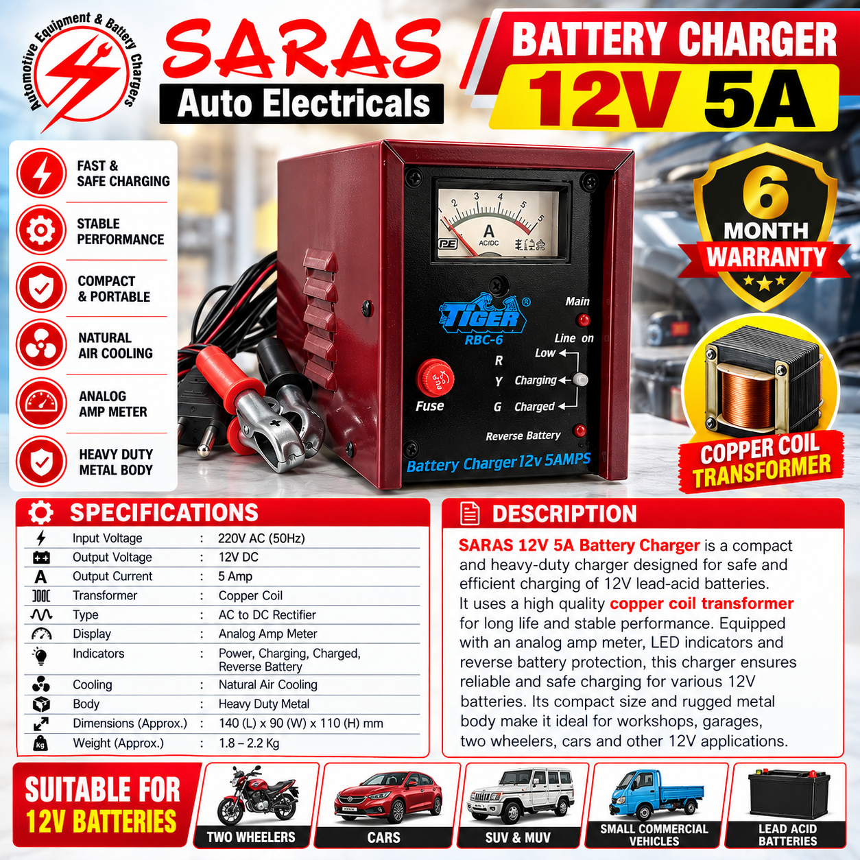 12V 5A Battery Charger – Compact Heavy-Duty Charger with Copper Coil Transformer